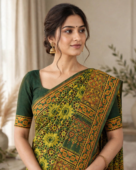 Ajrak Silk Saree | Pure Chanderi Modal Silk | Green