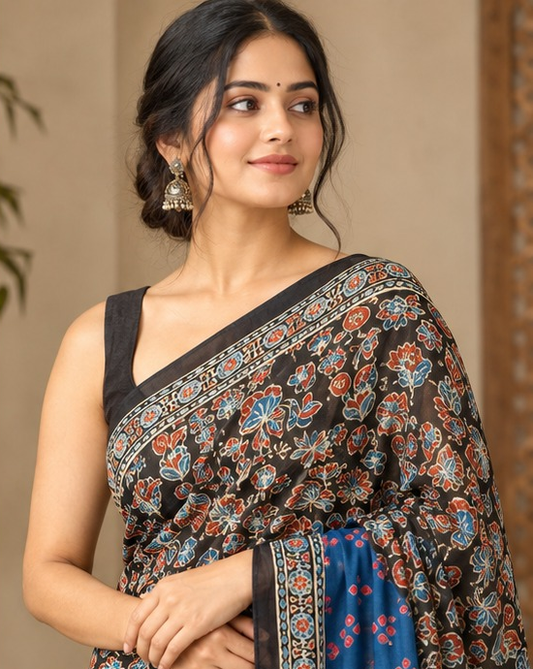 Ajrakh Silk Saree | Ajrakh Bandhani Modal Silk | Black & Blue