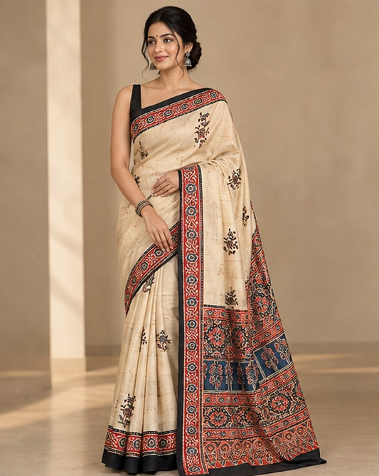 Ajrakh Silk Saree | Ajrakh Modal Silk | Cream