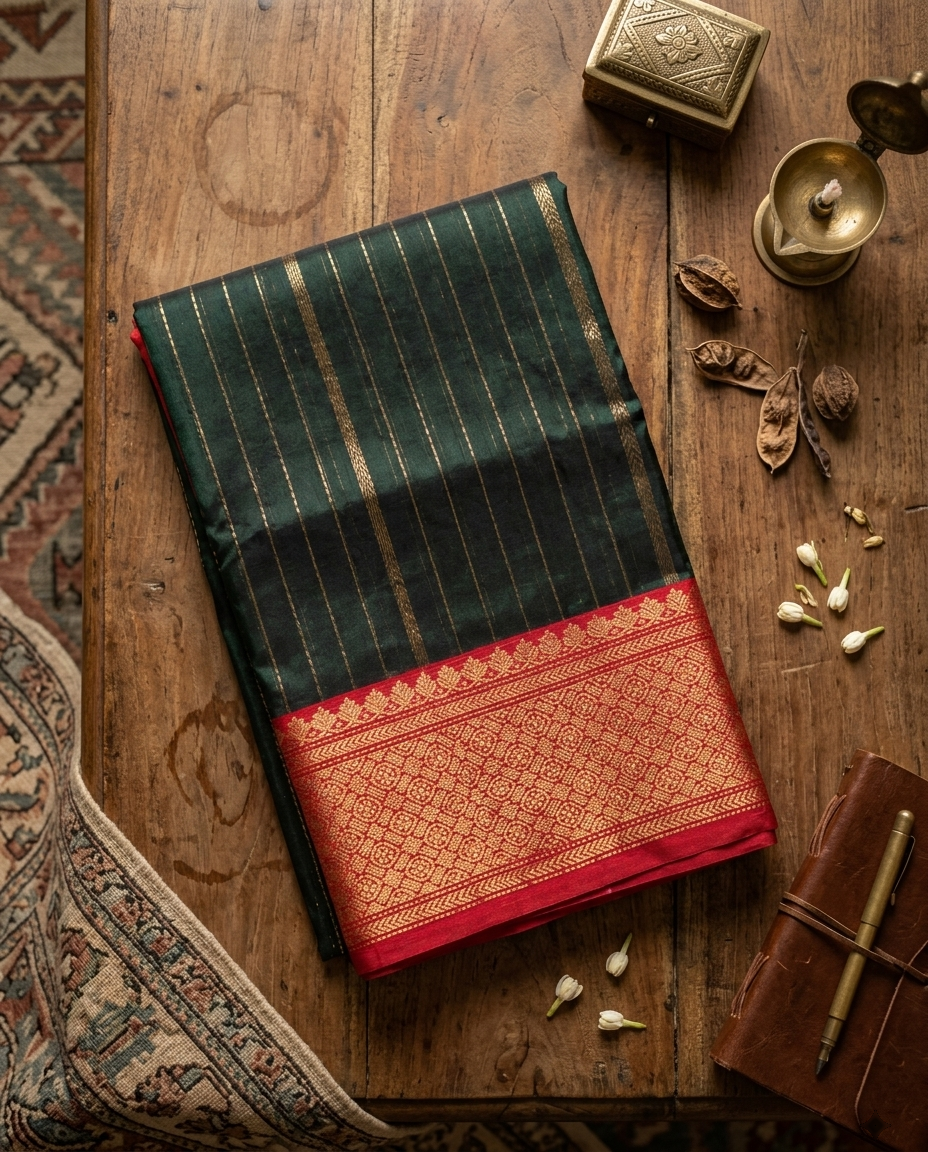 Chanderi Silk Saree | Dark Green & Red