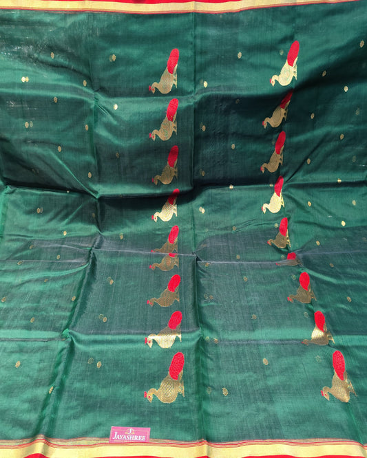 Chanderi Katan Silk Saree | Green with Peacocks