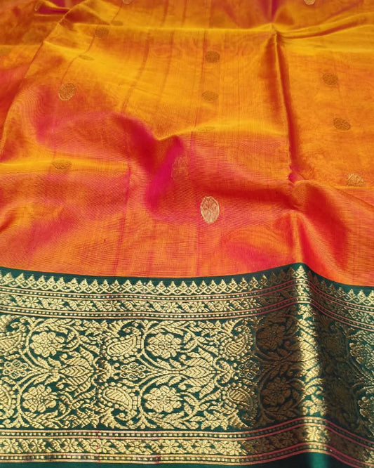 Chanderi Katan Silk Saree | Orange & Green