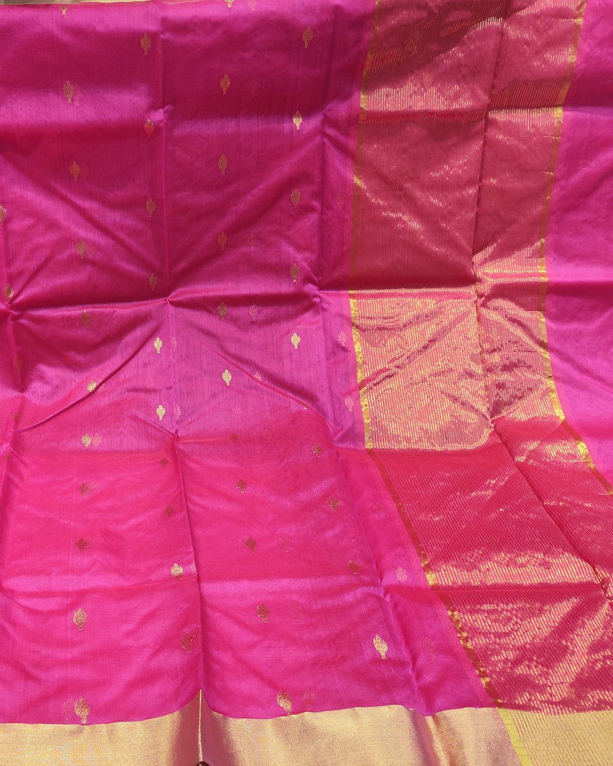 Chanderi Katan Silk Saree | Hot Pink | Small Butta