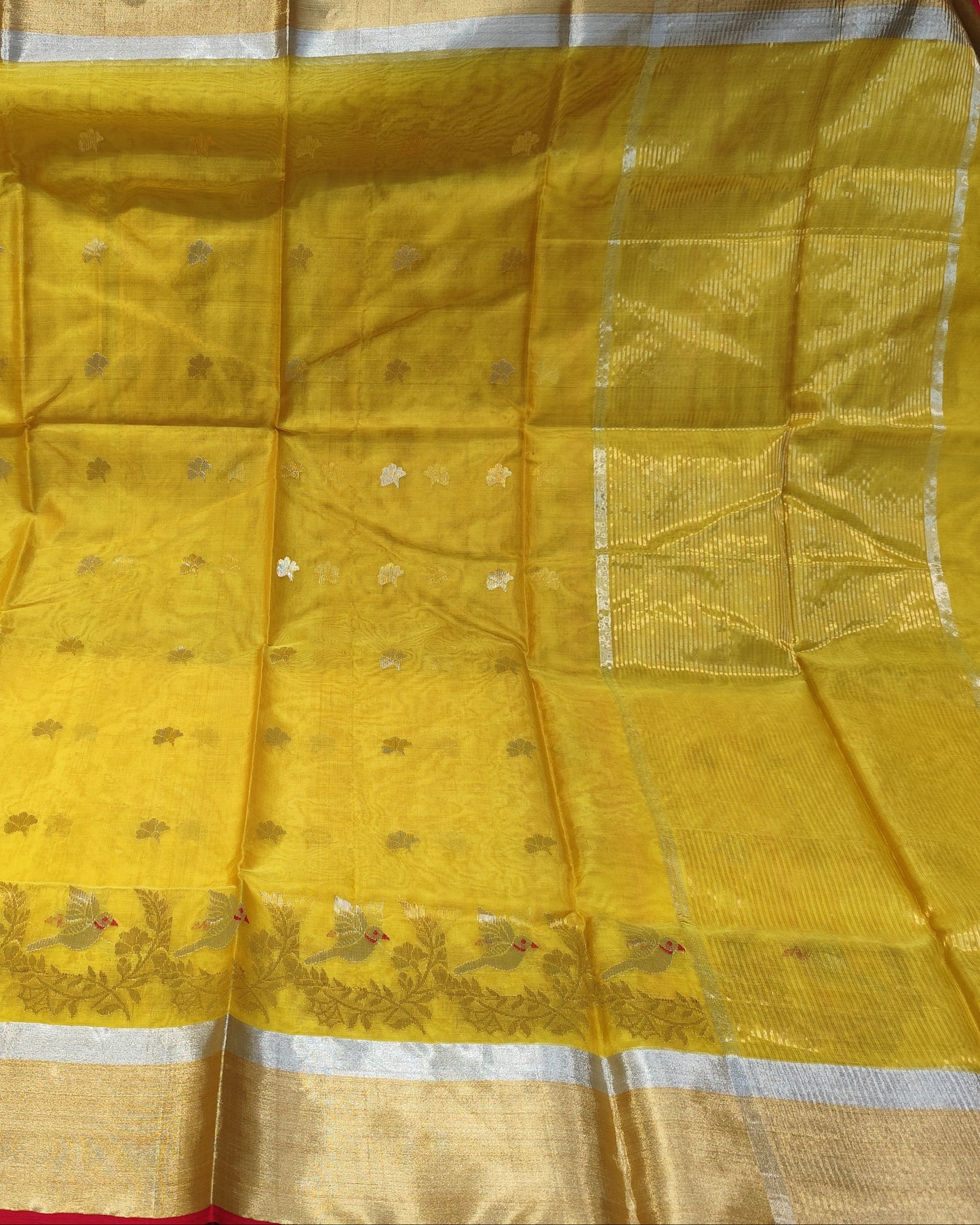A yellow chanderi silk saree with a wide gold and silver border and small metallic motifs, held up to display its full pattern and texture.
