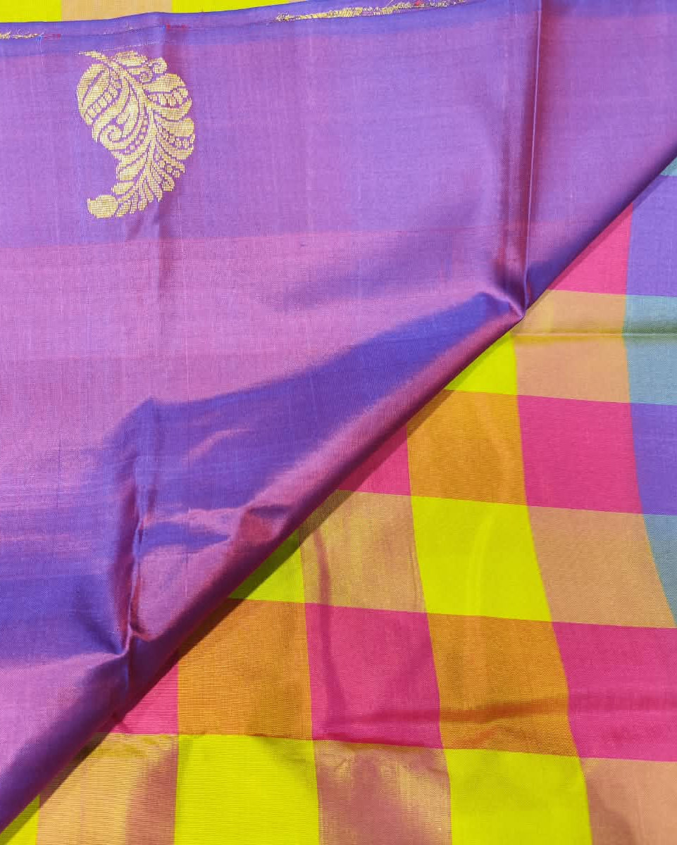 Kanjeevaram Soft Silk Saree | Checks | Purple & Multicolor