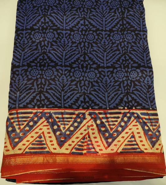 Maheshwari Silk Cotton Saree | Blue & Red | Block Print