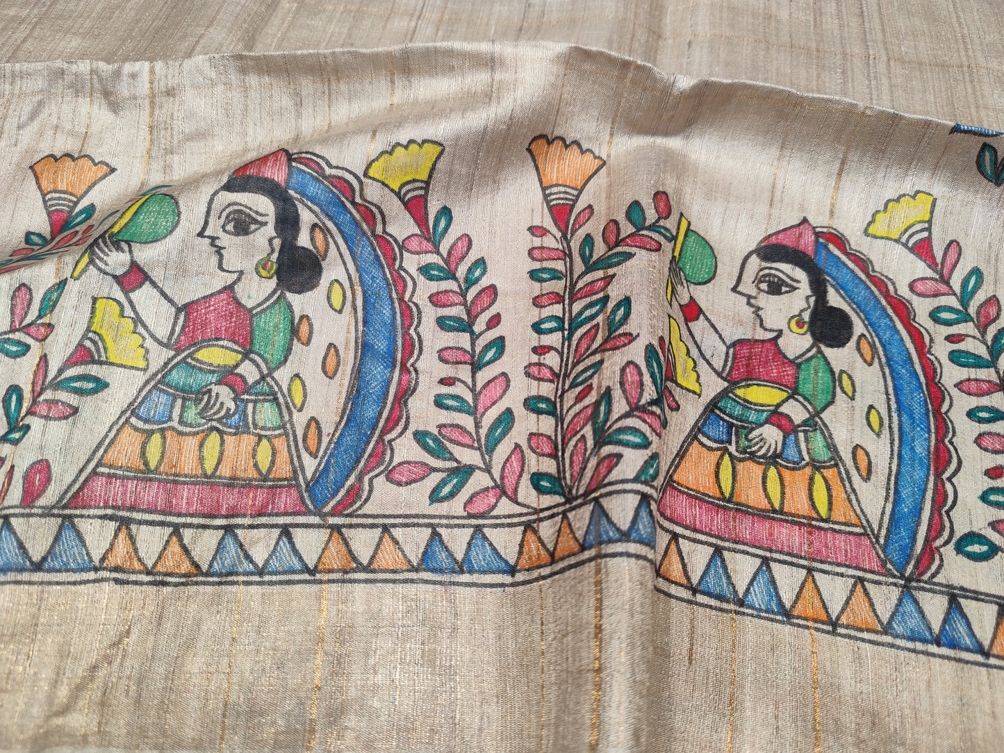 Tussar Silk Madhubani Handpainted Saree | Cream