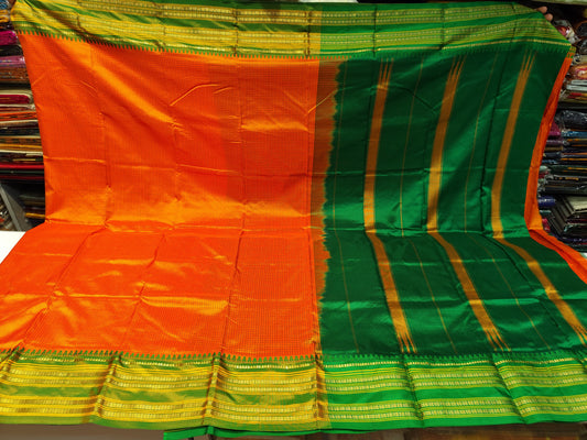 Narayanpeth Checks Silk Saree | Orange & Green