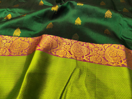 Kanjeevaram Silk Saree | Dark Green & Pink