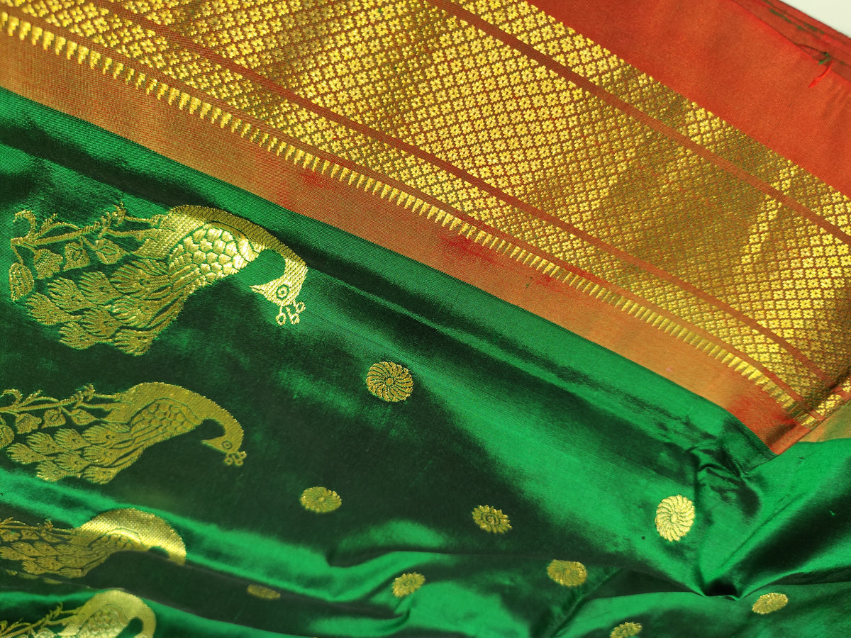 Paithani Silk Saree | Dark Green & Red | Fancy Pallu