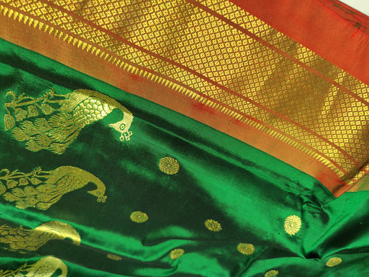 Paithani Silk Saree | Dark Green & Red | Fancy Pallu