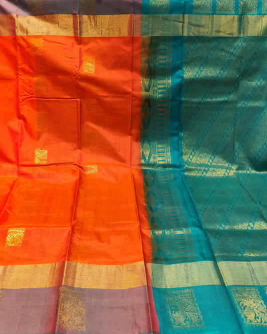 Kanjeevaram Silk Saree | Orange & Turquoise