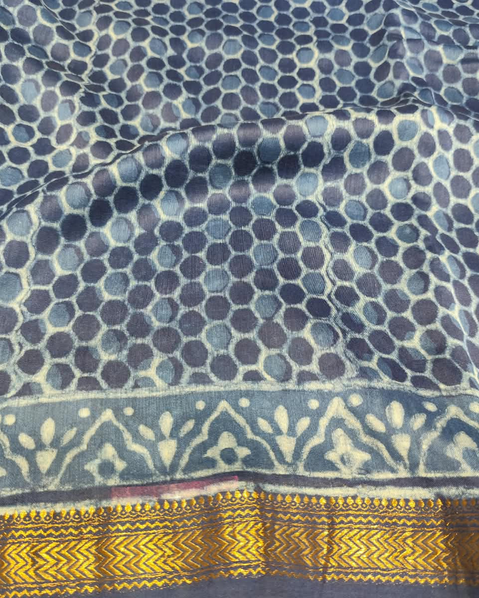 Maheshwari Silk Cotton Saree | Blue & Grey | Block Print