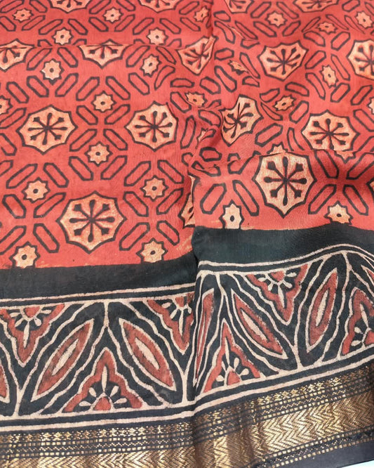 Maheshwari Silk Cotton Saree | Red | Block Print