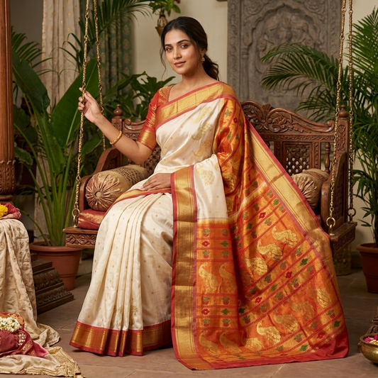 A woman seated on a carved wooden swing in a decorated indoor setting, wearing a cream and orange silk saree with gold zari motifs and a red border. The scene includes potted plants, carved furniture, and traditional decor.