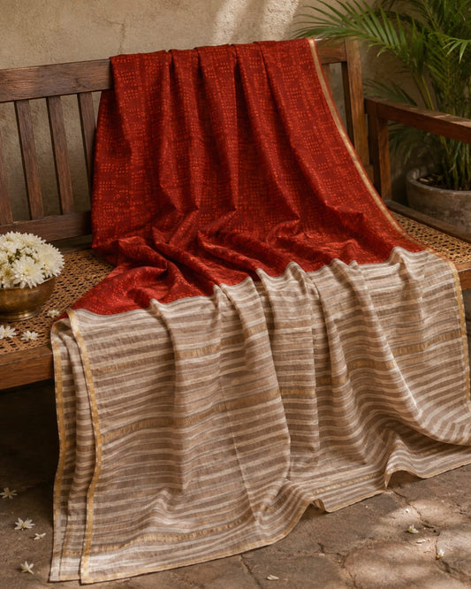Biege red silk saree with checks pattern & gold zari