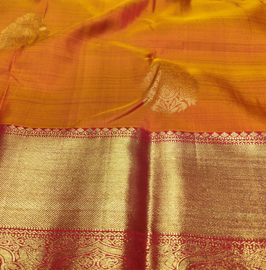 Kanjeevaram Bridal Silk Saree | Mustard Yellow & Red
