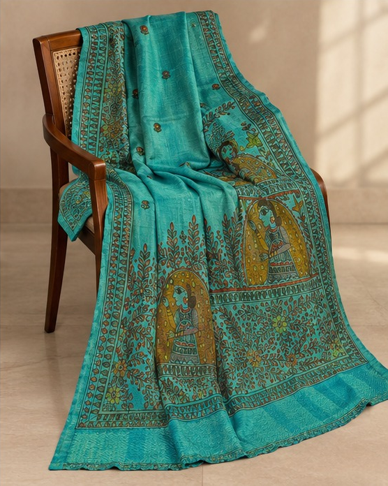 Tussar Silk Madhubani Handpainted Saree | Sky Blue