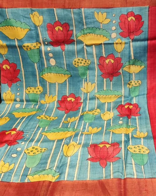 Tussar Silk Printed | Hand Painted | Blue