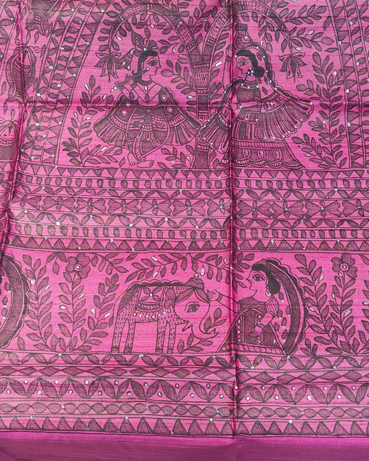 Tussar Silk Madhubani Handpainted Saree | Pink