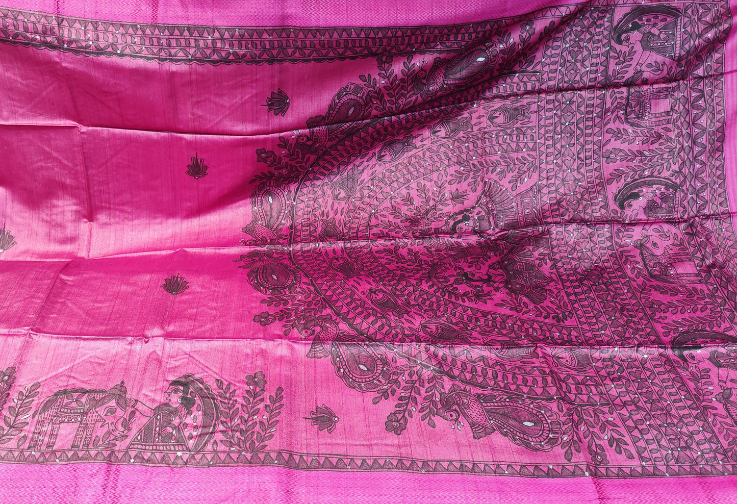 Tussar Silk Madhubani Handpainted Saree | Pink