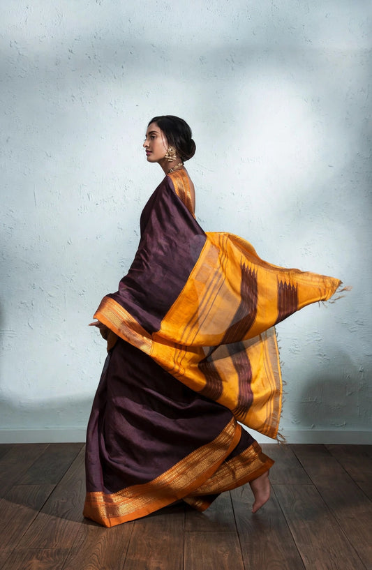 Ilkal Silk Plain Saree | Coffee Brown & Orange