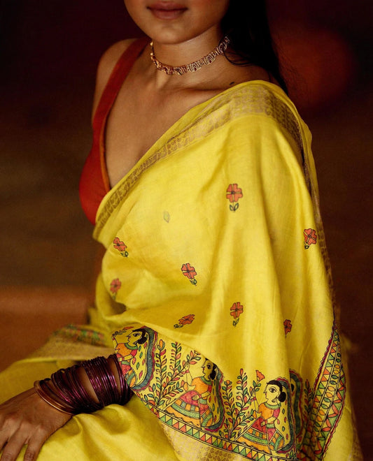 Tussar Silk Madhubani Handpainted Saree | Yellow