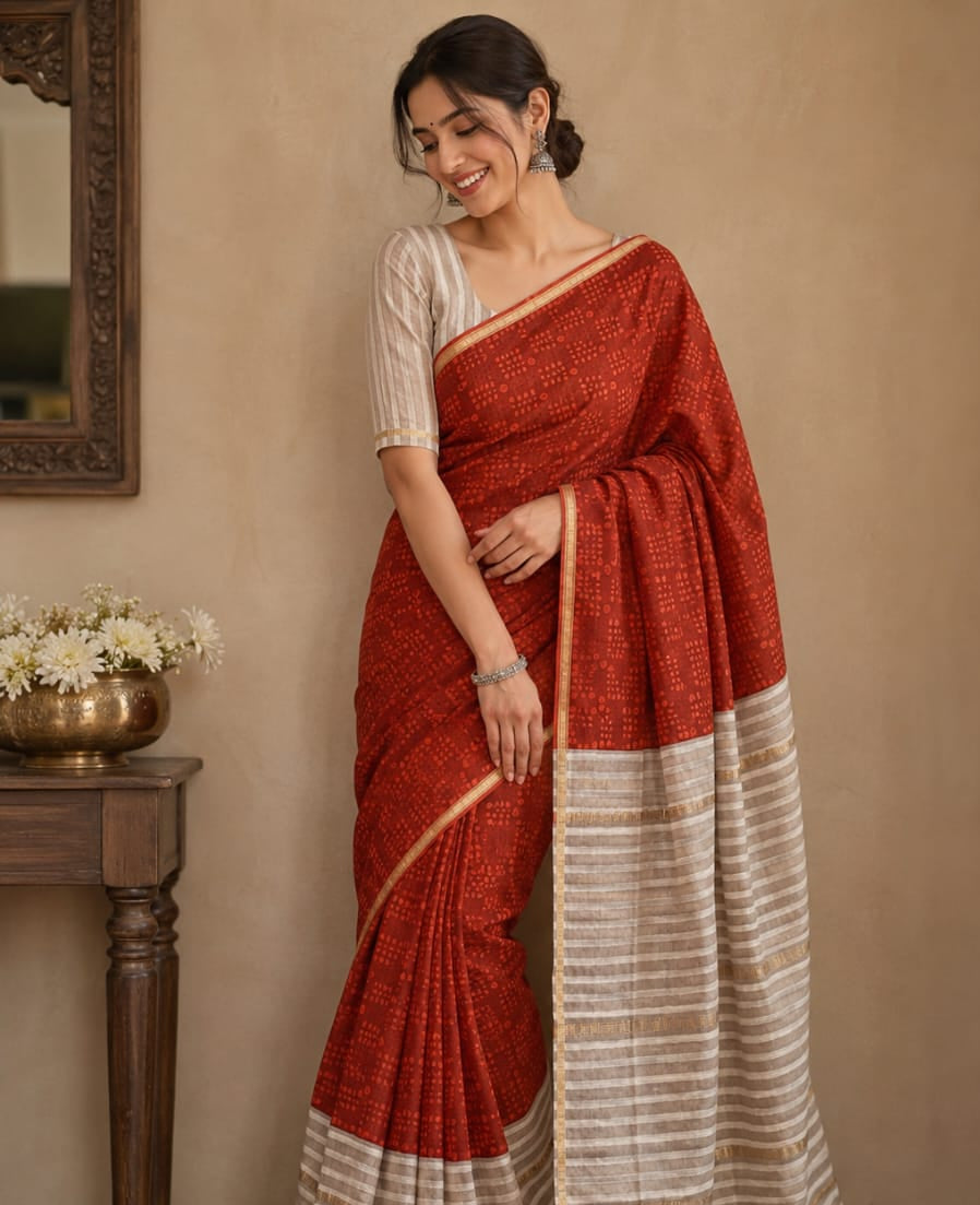 A folded red silk saree with a wide gold and black zari border and a blue underlayer visible at the bottom, displayed on a light surface.