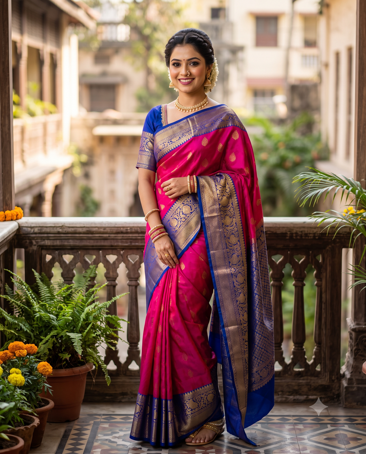 A vibrant blue and magenta pink silk saree with gold zari embroidery draped over a wooden armchair, styled with pink and red roses on the chair and floor.