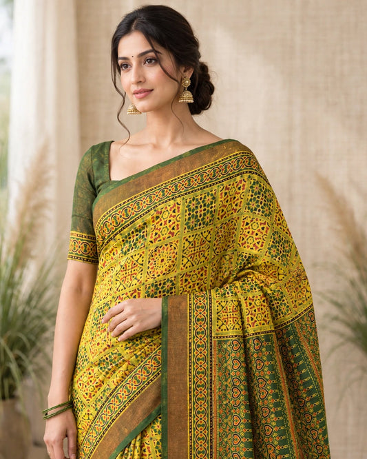 Ajrak Silk Saree | Pure Chanderi Modal Silk | Yellow