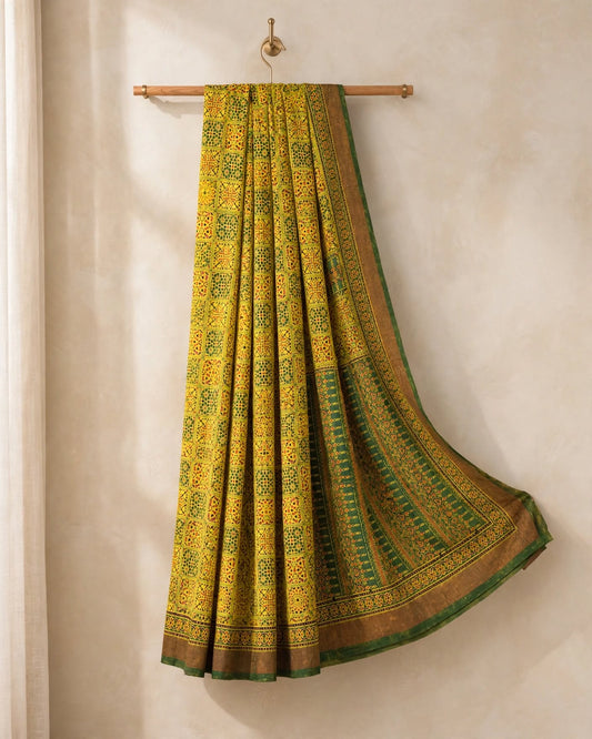 Ajrak Silk Saree | Pure Chanderi Modal Silk | Yellow