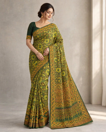 Ajrak Silk Saree | Pure Chanderi Modal Silk | Green