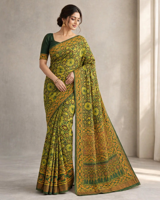 Ajrak Silk Saree | Pure Chanderi Modal Silk | Green