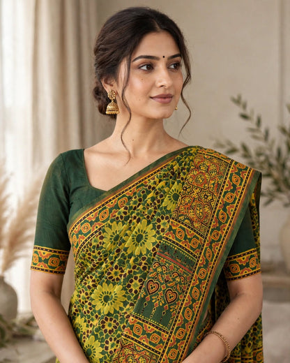 Ajrak Silk Saree | Pure Chanderi Modal Silk | Green