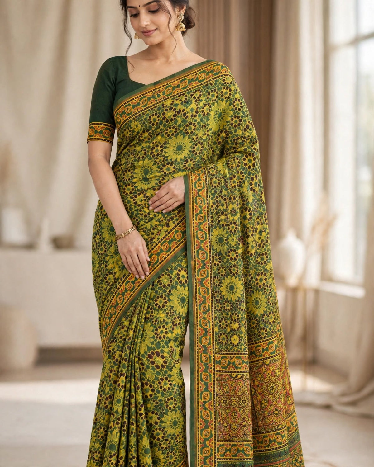 Ajrak Silk Saree | Pure Chanderi Modal Silk | Green