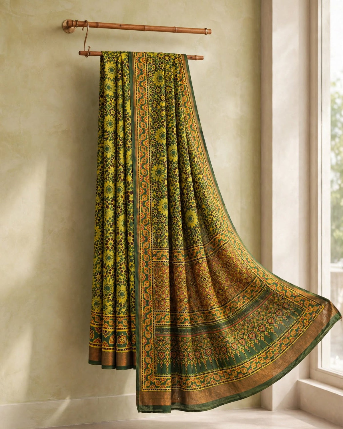 Ajrak Silk Saree | Pure Chanderi Modal Silk | Green
