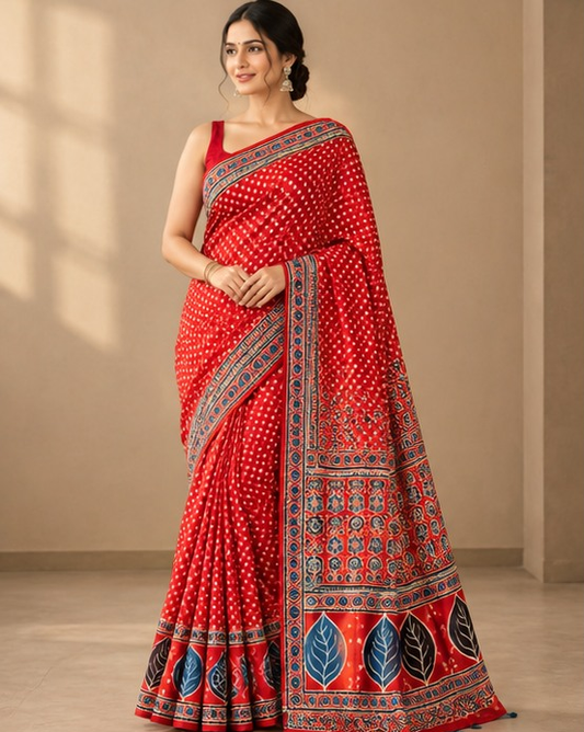 Ajrakh Silk Saree | Modal Silk | Red