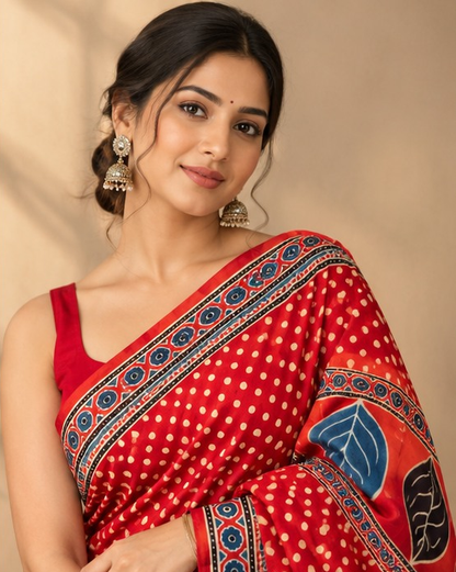 Ajrakh Silk Saree | Modal Silk | Red