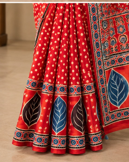 Ajrakh Silk Saree | Modal Silk | Red