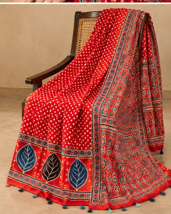Ajrakh Silk Saree | Modal Silk | Red