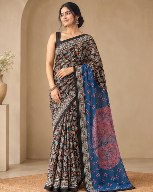 Ajrakh Silk Saree | Ajrakh Bandhani Modal Silk | Black & Blue