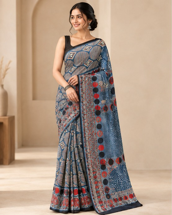 Ajrakh Silk Saree | Ajrakh Modal Silk | Blue