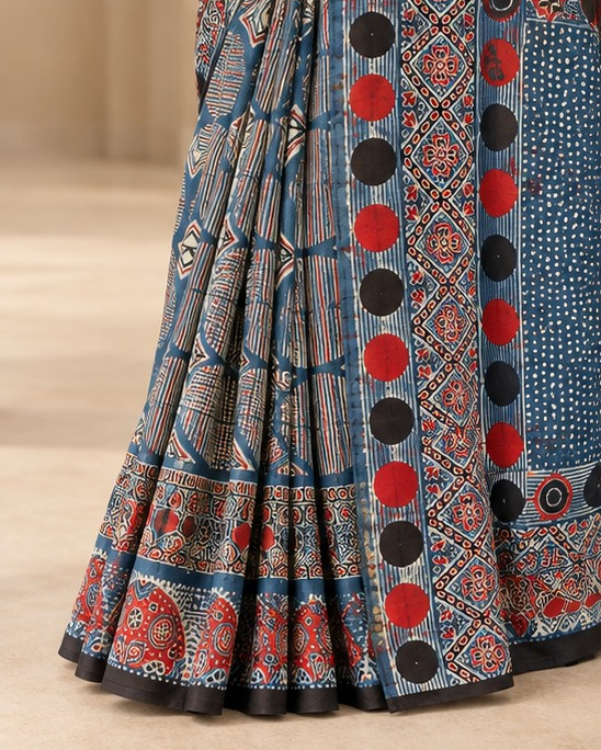 Ajrakh Silk Saree | Ajrakh Modal Silk | Blue