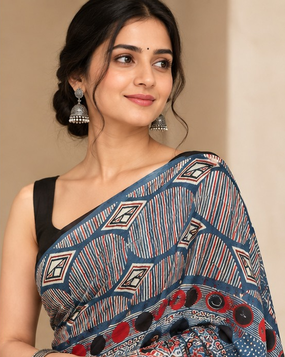 Ajrakh Silk Saree | Ajrakh Modal Silk | Blue