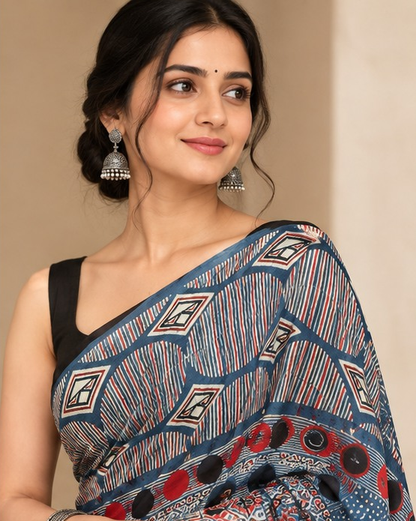 Ajrakh Silk Saree | Ajrakh Modal Silk | Blue