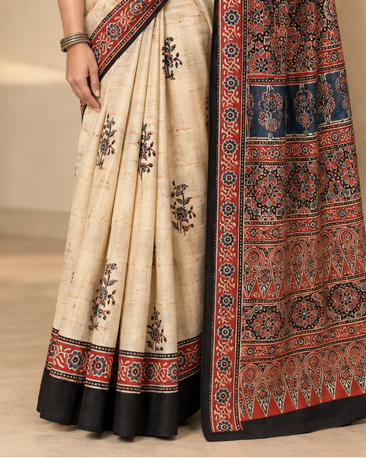 Ajrakh Silk Saree | Ajrakh Modal Silk | Cream