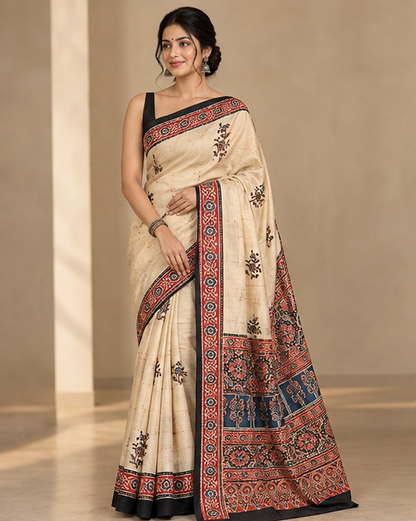 Ajrakh Silk Saree | Ajrakh Modal Silk | Cream