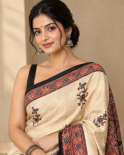 Ajrakh Silk Saree | Ajrakh Modal Silk | Cream