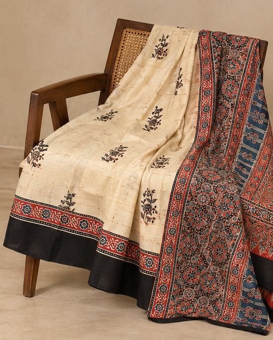 Ajrakh Silk Saree | Ajrakh Modal Silk | Cream