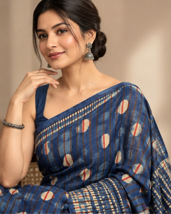 Ajrakh Silk Saree | Indigo Modal Silk | Blue